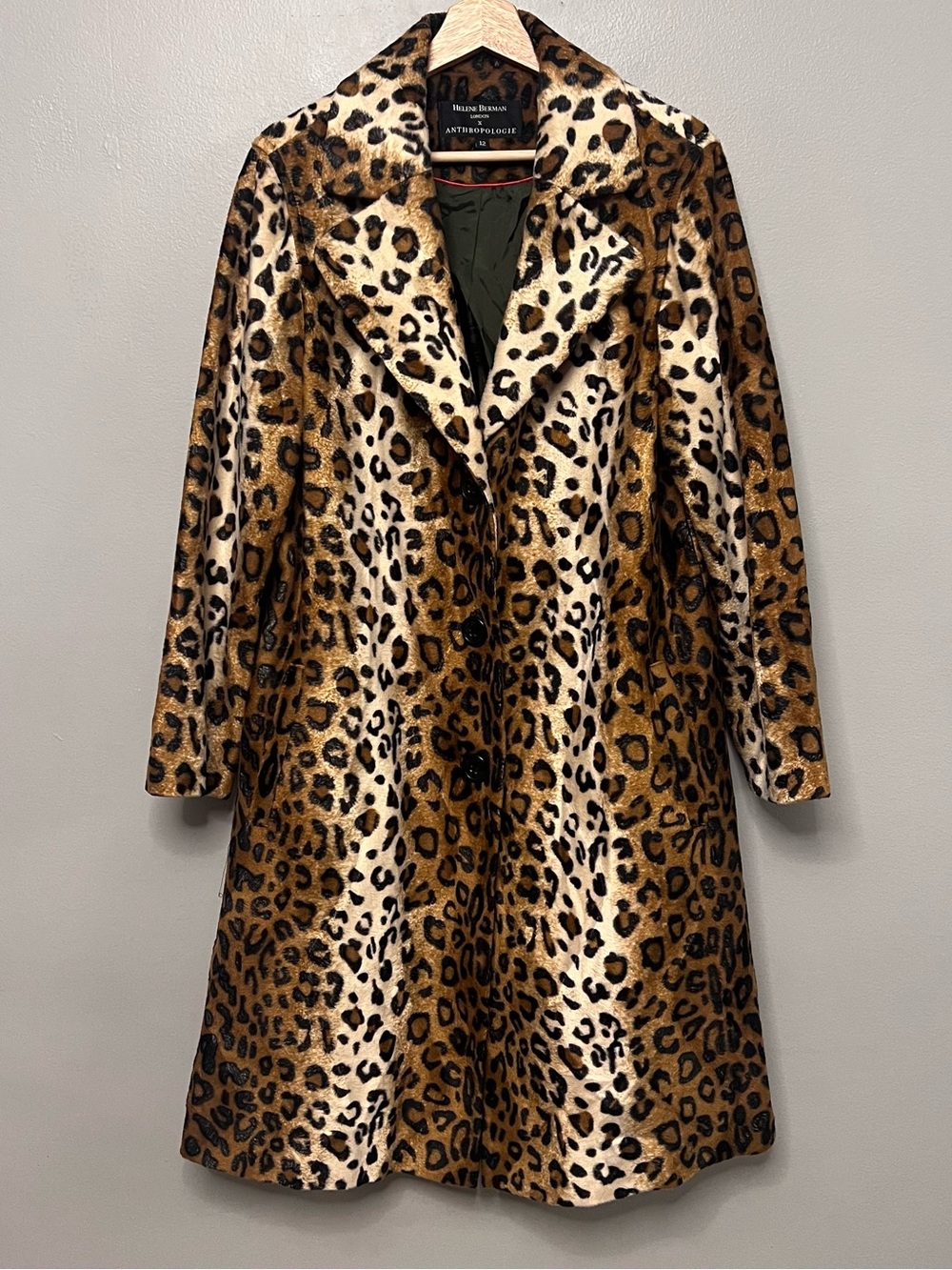 Helene Berman Anthropologie Leopard Print Midi Trench Coat Jacket Size 12